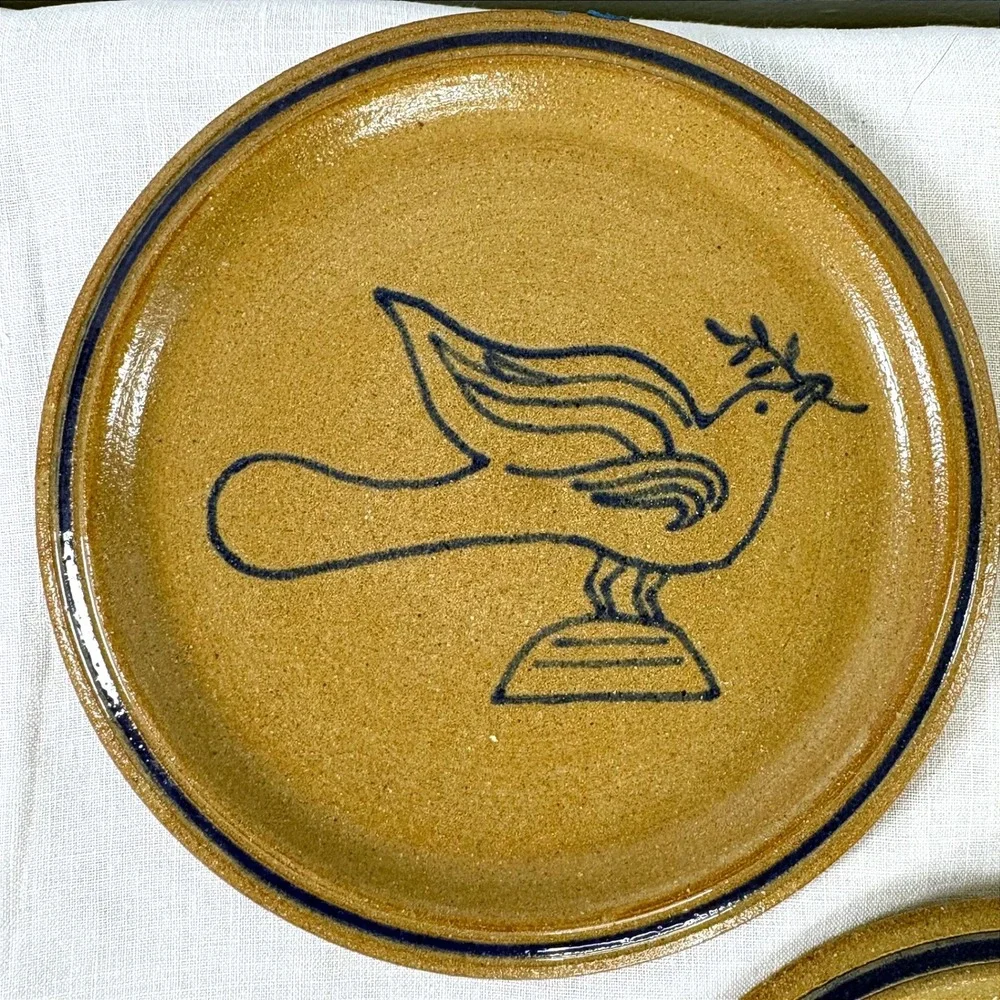 Vintage 1995 New Harmony Pottery Dove of Peace Stoneware Plates Set of 3 Signed